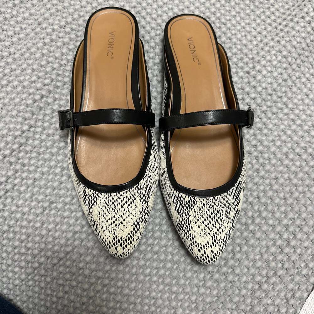 Vionic Esme White and Black Snake Print Mary Jane Mule Flats